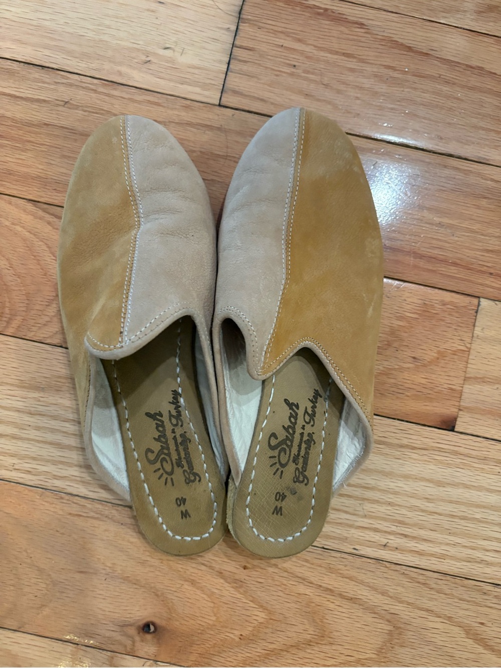 Sabah Two-Tone Suede Slip-On Mules in Beige & Camel
